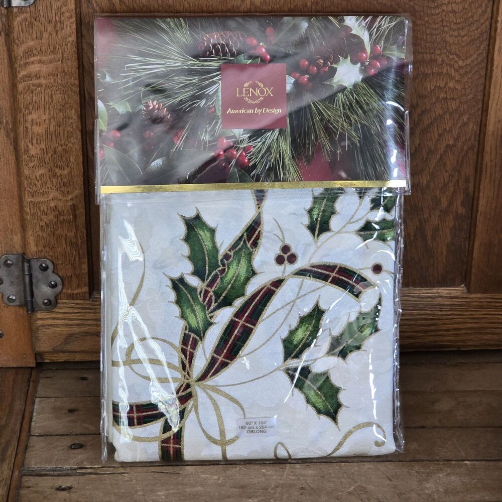 NEW Lenox Christmas Holiday Nouveau Tablecloth 60” X 104”  Oblong Bows Holly